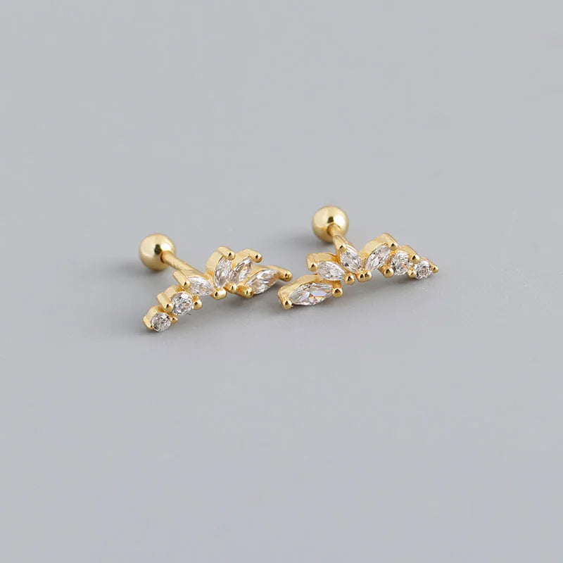 Fashion 925 Sterling Silver Leaf Ball Back Stud Earring Jewelry Gold Plated Zircon Stud Earring for Women