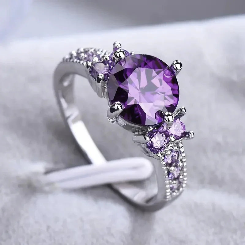CAOSHI Exquisite Round Purple Crystal Cubic Zirconia Band Rings for Engagement Wedding Silver Plated CZ Rings Jewelry for Women