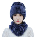 MWFur Winter Thick Warm Elastic Real Rex Rabbit Fur Hat and Headband Set for Women
