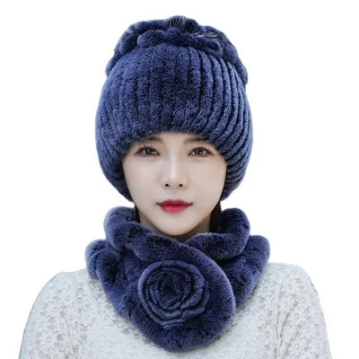 MWFur Winter Thick Warm Elastic Real Rex Rabbit Fur Hat and Headband Set for Women