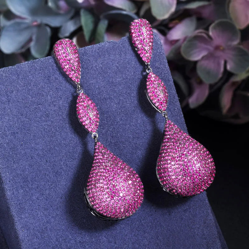 Luxury Full Micro Paved Cubic Zirconia Red Unique Black Gun Plated Hot Red Long Big Dangle Drop Party Earrings for Women Jewelry