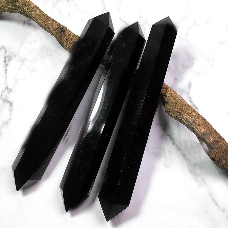15-16cm Natural Black Obsidian Crystal Hexagonal Pointed Faceted Wand Healing Stone Wand