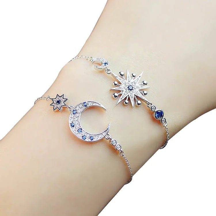 925 Sterling Silver Classic Beaded Bracelet for Women with Zircon Star Moon Inlay Rhodium Plated Party Gift Jewelry