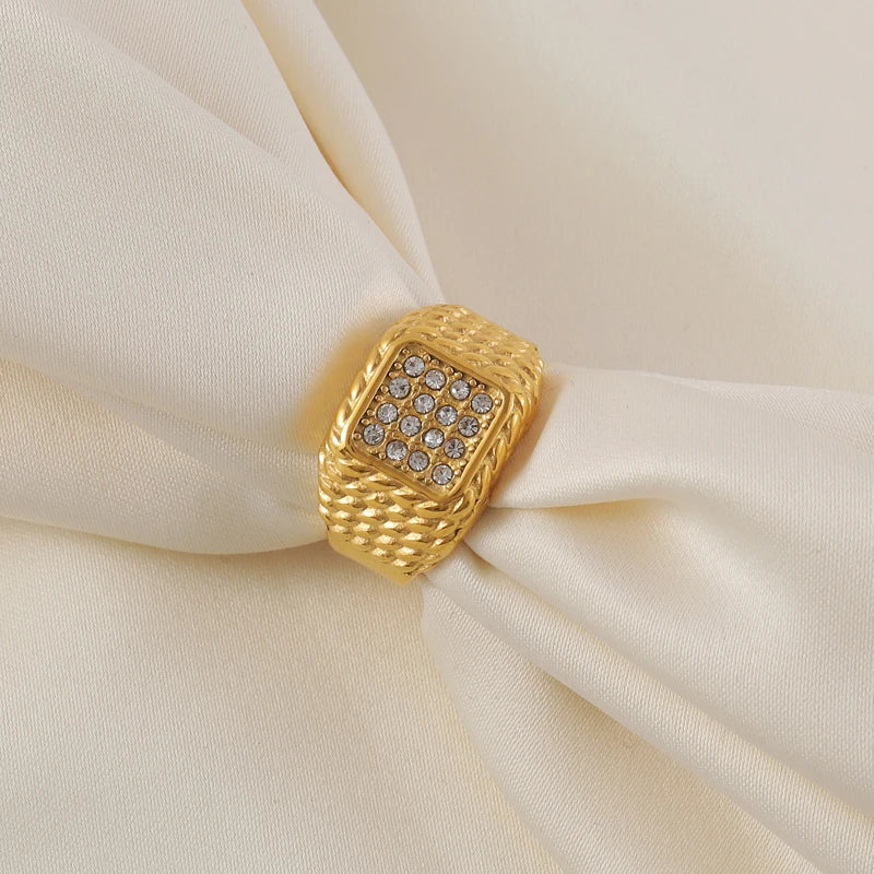 18K Gold Plated Big Cubic Zirconia Stainless Steel Rings for Women Trendy Jewelry