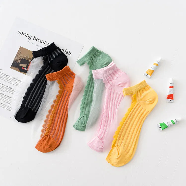 Women Ankle Socks Solid Color Crystal Short Stockings Ultra-thin Transparent Low-ankle Socks Fashion Cool Socks for Women