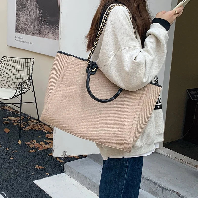 2024 Summer/Spring Women's Large Shoulder Tote Canvas Chains Handbag with Briefcase Work Bag for Mom for Office or Travel