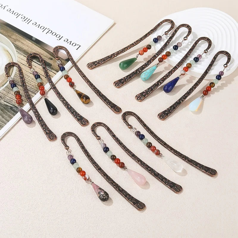 Handmade 7 Chakra Antique Copper Metal Bookmark Healing Crystals Gemstones Beading Bookmarks for Office Gift