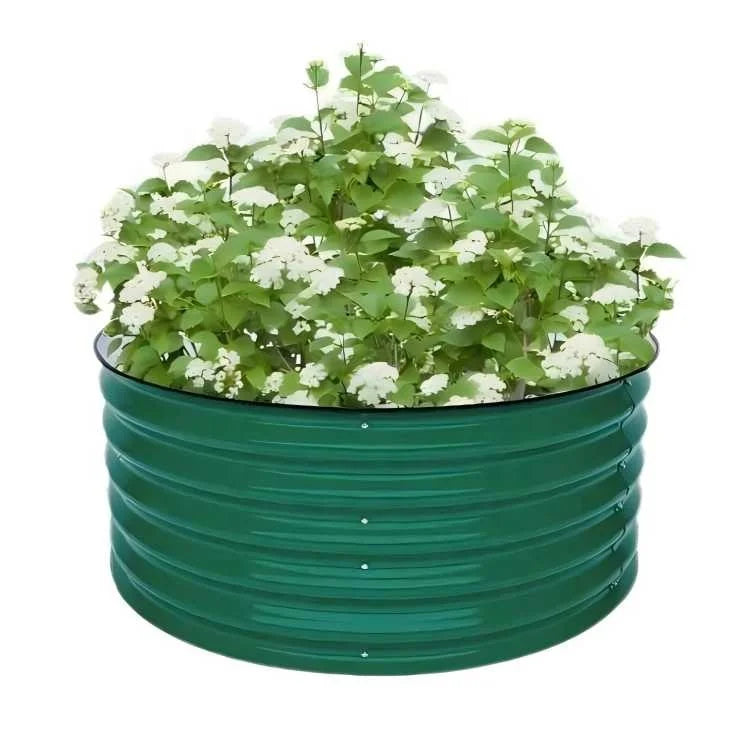 Raised Bed Garden Box 17'' Tall Round Olive Green Modular Corrugated Metal Raised Garden Bed