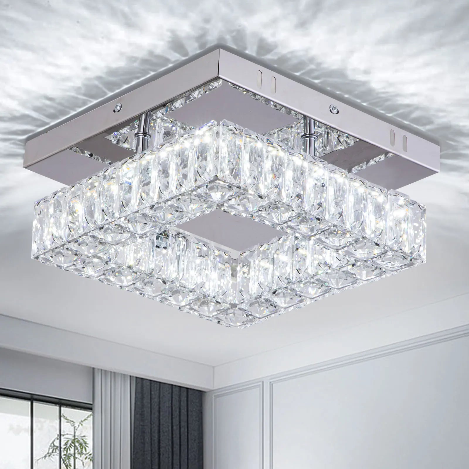 9.87'' K9 Crystal Square Modern Chandelier Cool White Living Room Ceiling Light for Kitchen Dining Room