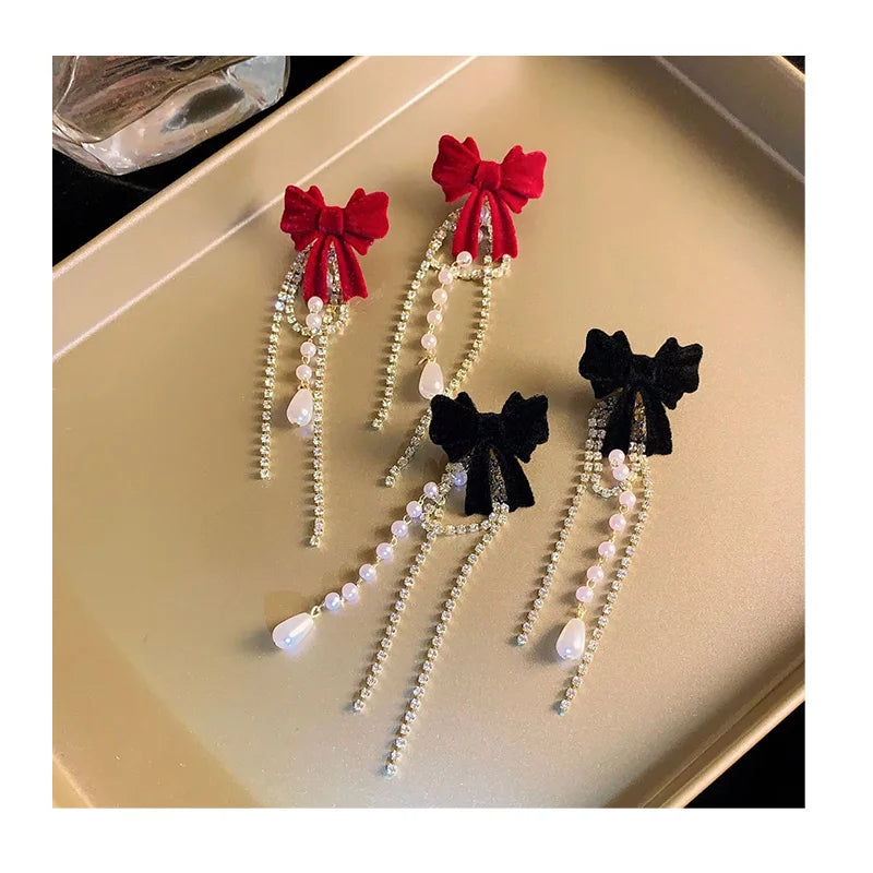 DAIHE Fashion Jewelry 2024 New Velvet Bow Chain Earrings Korean Zircon Pearl Long Tassel Earrings