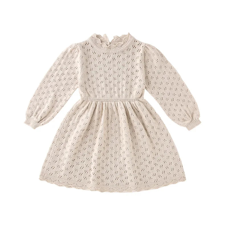 Spring Autumn Girls Solid Hollow Knitted Puff Long Sleeve Dress Children's Pure Sweater Dress