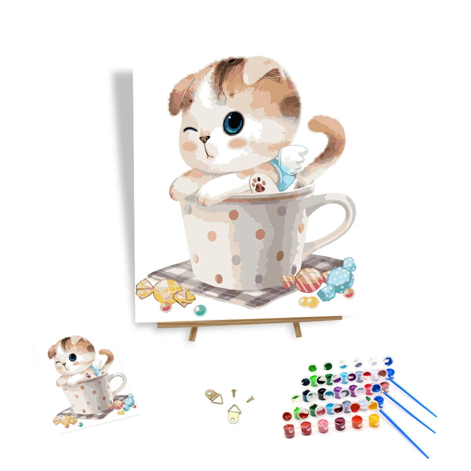Cute Animal Painting by Numbers on Framed Canvas Cat Picture Easy Paint by Numbers for Beginners