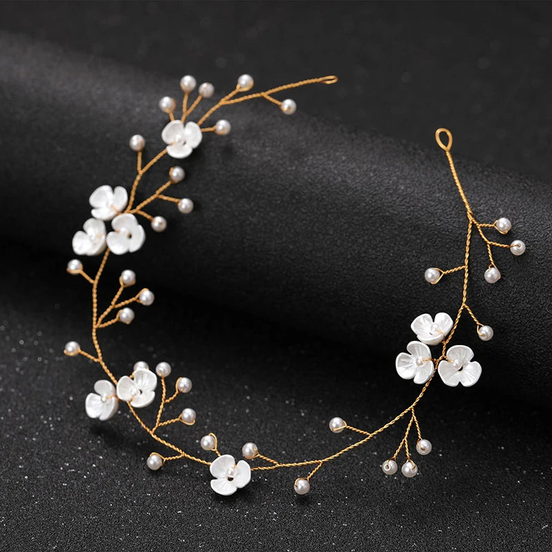 Tiaras De Novia En Pearl for Wedding White Pearly Flower Thin Golden Alloy Hairband Metal Pearl Headband Bridal Hair Accessories