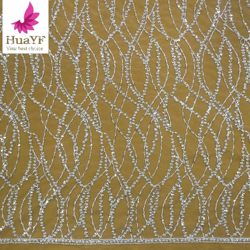 French White 3d Beaded Sequins Lace Hot Sale Wedding Bridal Lace Dress Fabric for 5 Yards HY1744-4