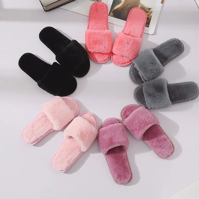 Wholesale Open Toe Soft Fashion Winter Rubber Faux Fur Comfy Sole Lady Men Slides Plush Slippers for Women Cotton House Shoes