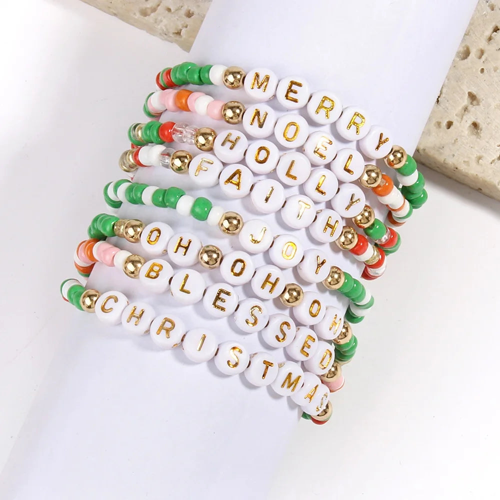 Wholesale New Fashion Friendship Jewelry 8pcs Mix Color Acrylic Small Beads  Elastic Bracelet BLESSED Words Stack Bracelet Set