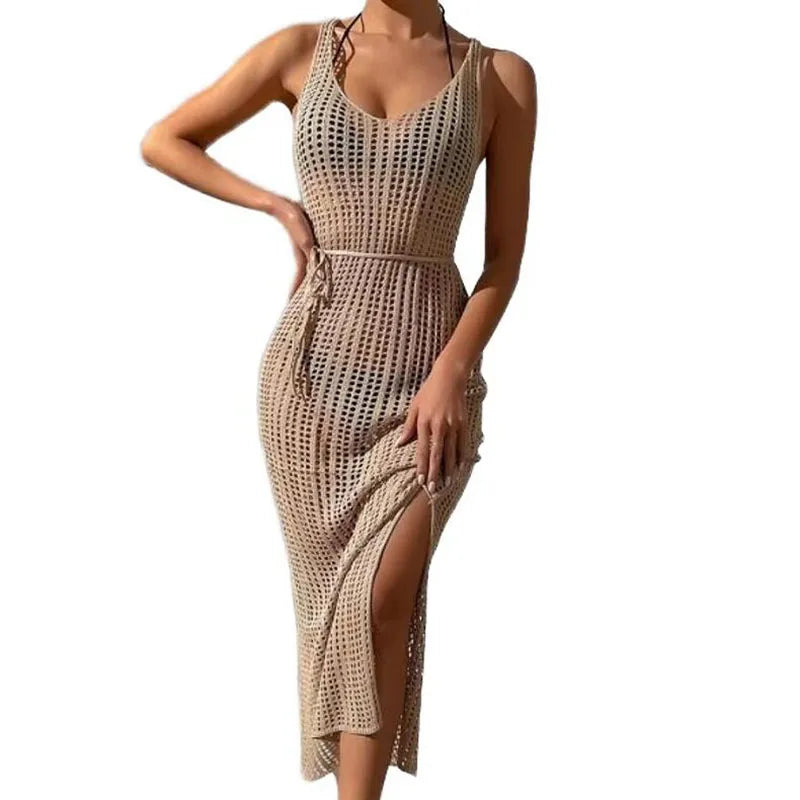 RNSHANGER Sexy Sleeveless Knit Dress Fashion Split Skirt Swimwear Pool Beachwear Womens Loose Bathing Suit Hollow Out Dress