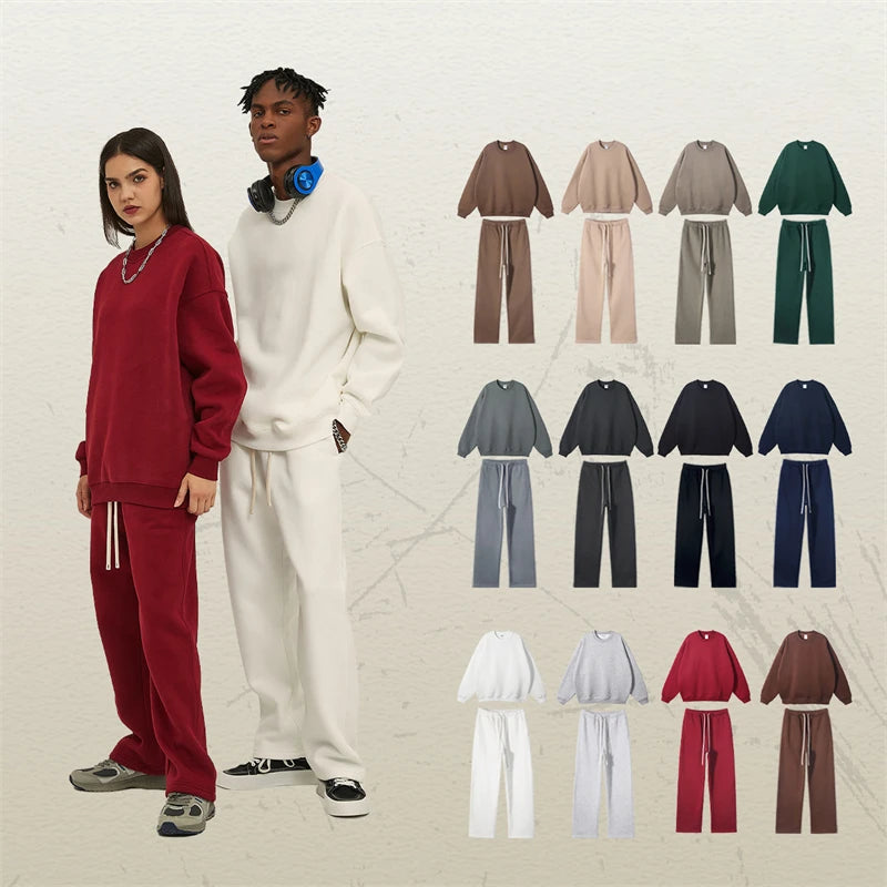 Heavyweight 350GSM Casual Men's Plain Dyed Crewneck Sweatshirts and Sweatpants Pullover Fleece Unisex Tracksuits for Men