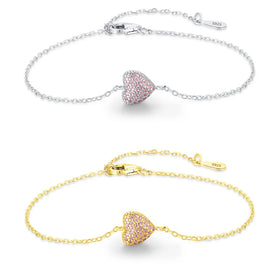 Sweet Cute Girl pink love Heart Bracelet S925 Sterling Silver Rhodium 5A Cubic Zirconia Full Diamond Tennis Bracelet