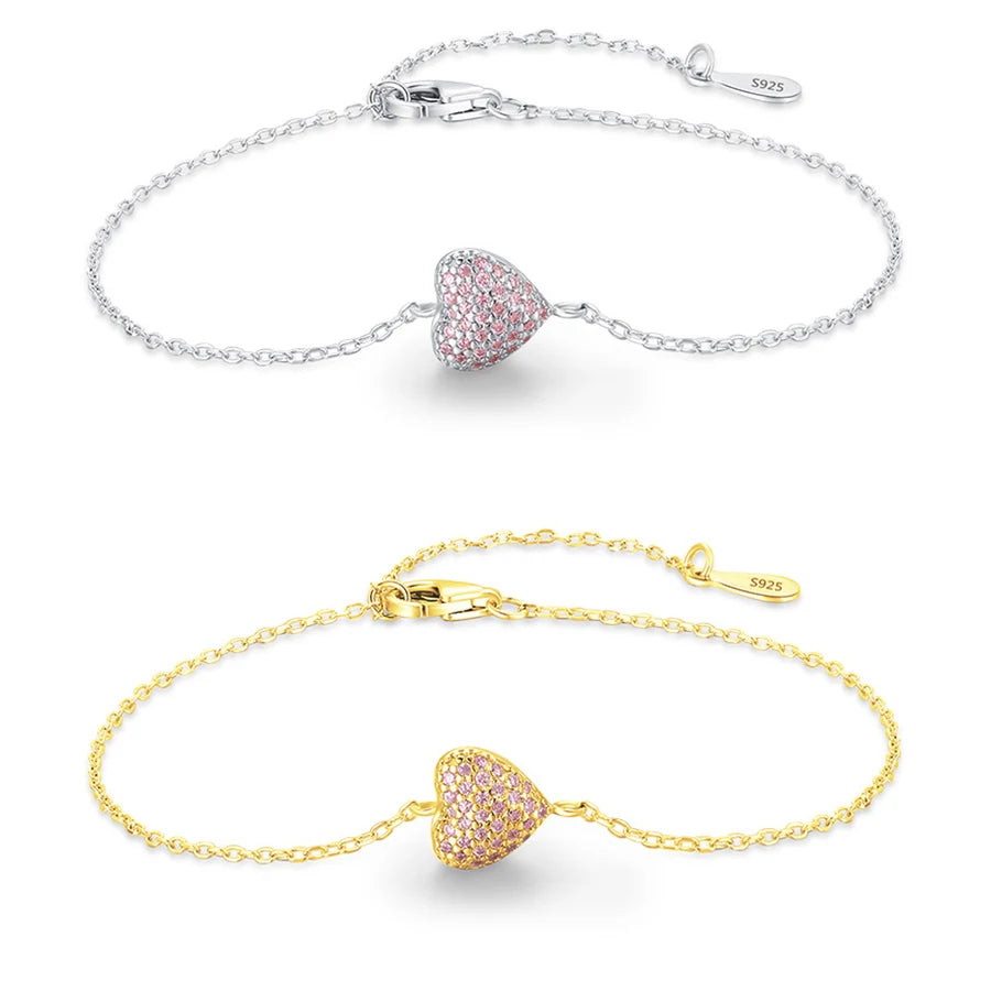 Sweet Cute Girl pink love Heart Bracelet S925 Sterling Silver Rhodium 5A Cubic Zirconia Full Diamond Tennis Bracelet