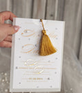 Custom Luxury Convite Para Casamento Beaded Pure White Gold Foil Vellum Paper Wedding Invitation Card With Golden Tassel