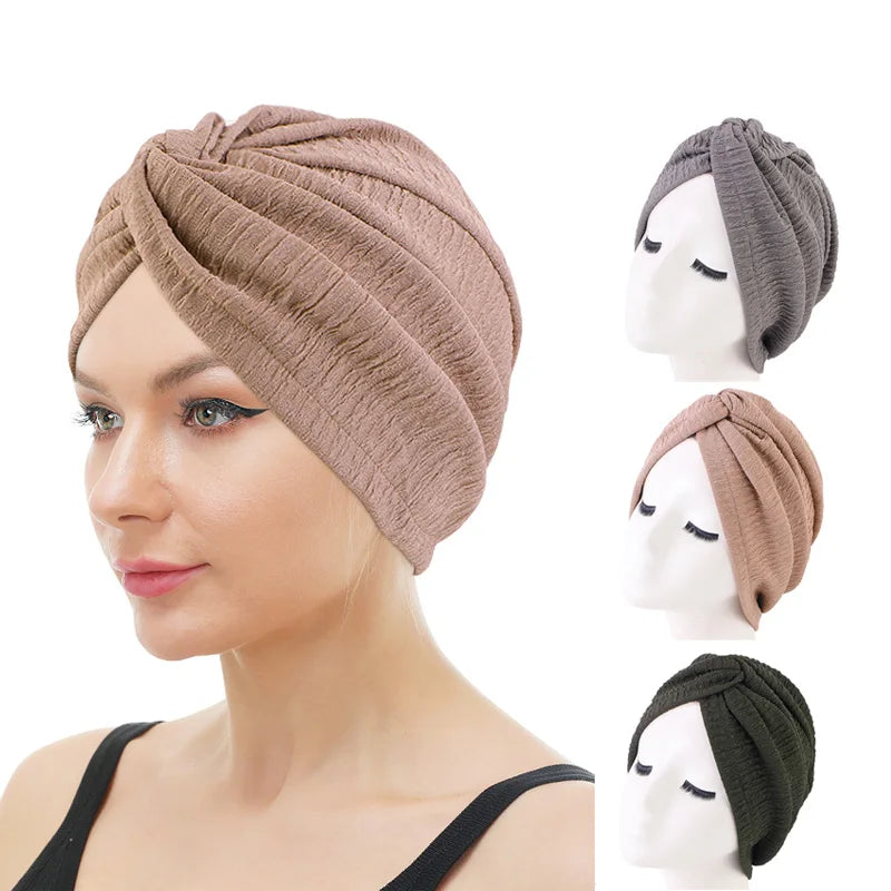 New Ladies Pleated Solid Color Sleep Indian Cap Cross Twist Ethnic Costume Chemo Turban Women Bonnet