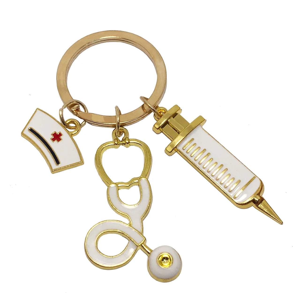 Wholesale Custom Logo Metal Design Enamel Medical Keychain Staff Souvenir Syringe Key Holder Nurse Creative Stethoscope Key Ring