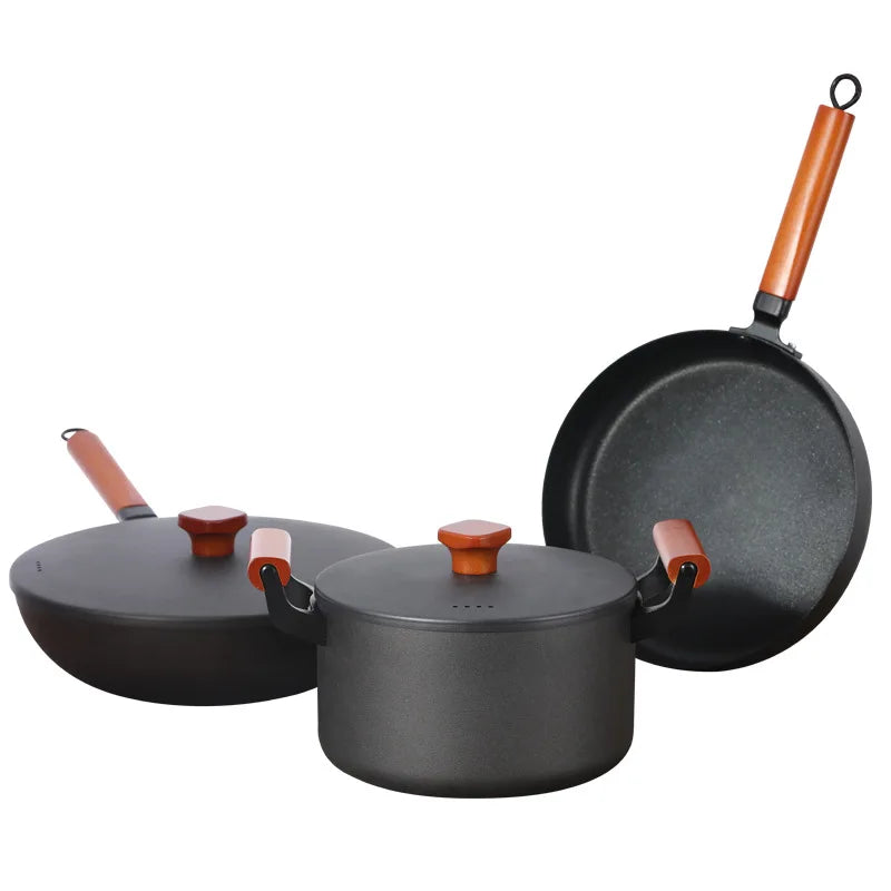 Cast Iron Cookware Set Wooden Handle 5-Piece Round Flat Frying Pan 10.3 Inch/Round Wok 11.8 Inch/Stew Pot 8.7 Inch