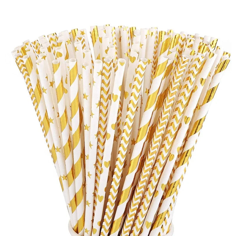 25pcs 6x197mm Metallic Foil  Biodegradable Paper Straws