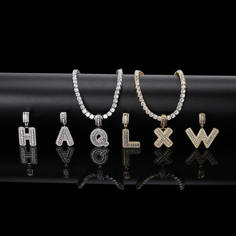 NUOYA Personalized Initials Necklace for Men Iced Out Baguette Stones Hip Hop Style Name Pendant Custom Jewelry