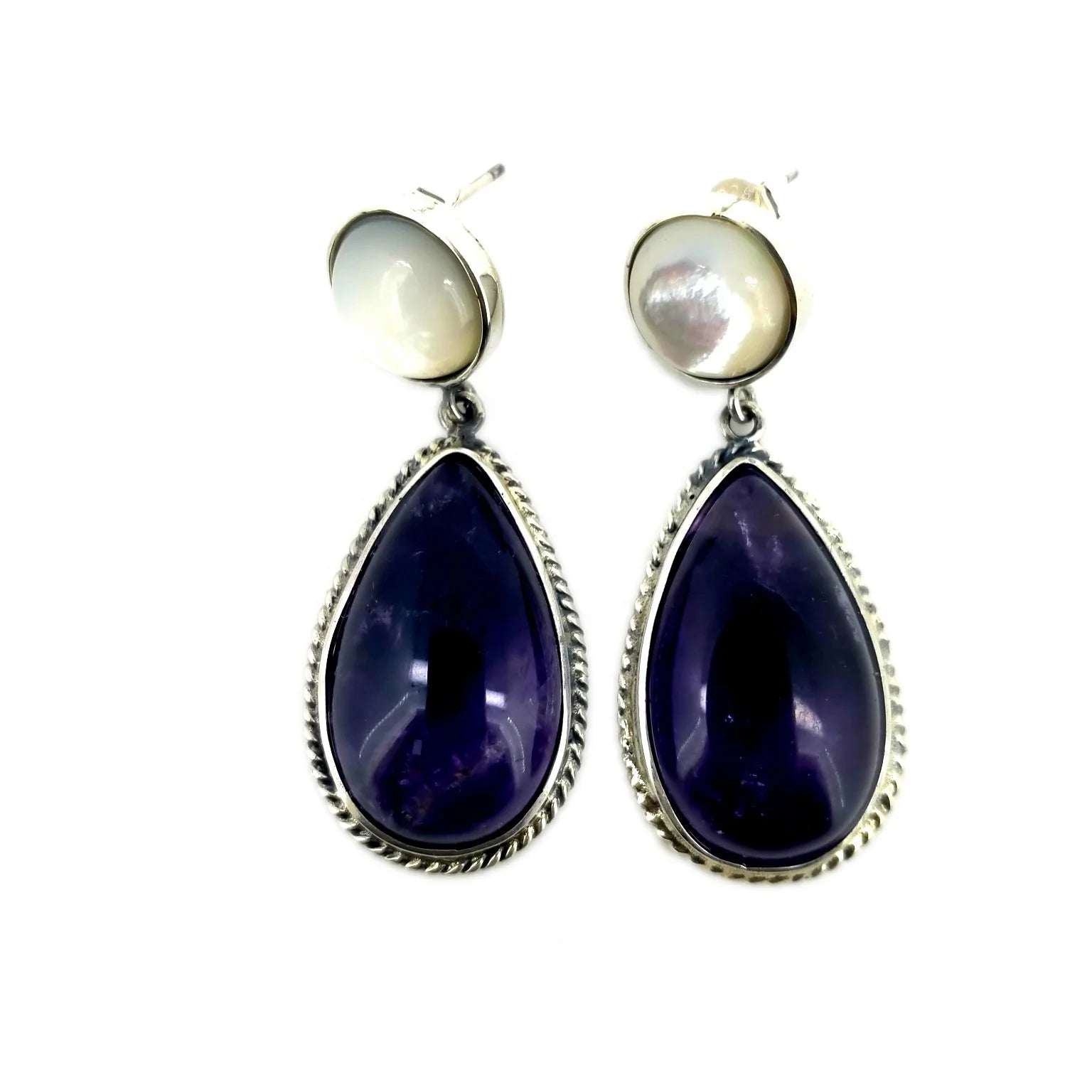 925 sterling silver Amethyst Earring Beads Pair Teardrop Cabochon Cab Pair Matched Earrings