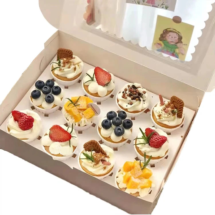 Multiple Sizes Disposable Custom Printed Cup Cake Packaging Boxes Bakery Bread Cake Takeout Paper Boxes with Transparent windows