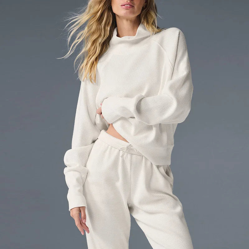 Women's Fashion New Waffle Turtleneck Pullover Long Sleeve High Waist Leisure All Tie Leg Pants Fitness Suit