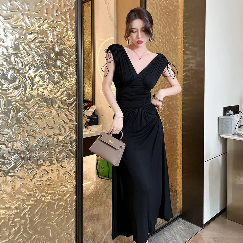ZYHT 5836 Summer New Arrival  Deep V Neck Solid High Elastic Female Dress Modal Cotton Waist Pleated Dress