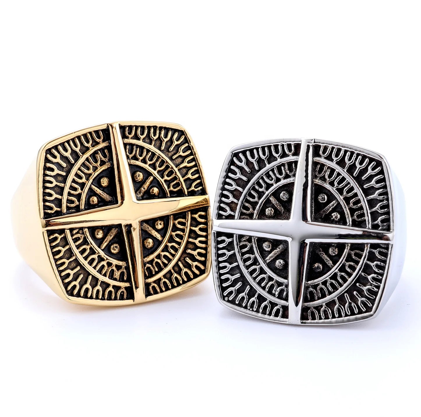 Dropshipping Men's Jewelry Gifts Vintage Silver Gold Stainless Steel Compass logo Men's Rings Size 7-13
