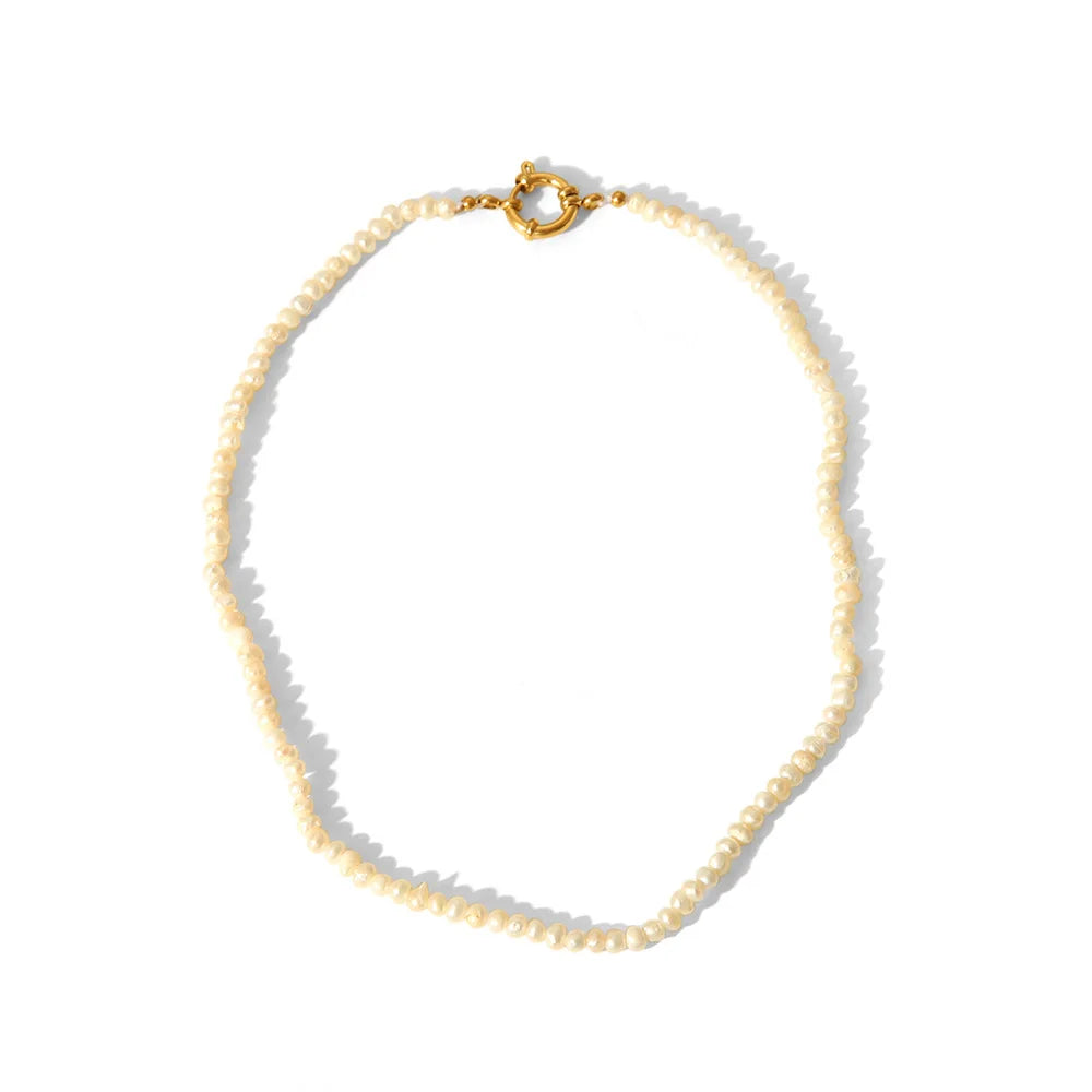 Freshwater Pearl Bead Chain Gold Spring Buckle Charms Choker Necklace Stainless Steel Pearl Jewelry