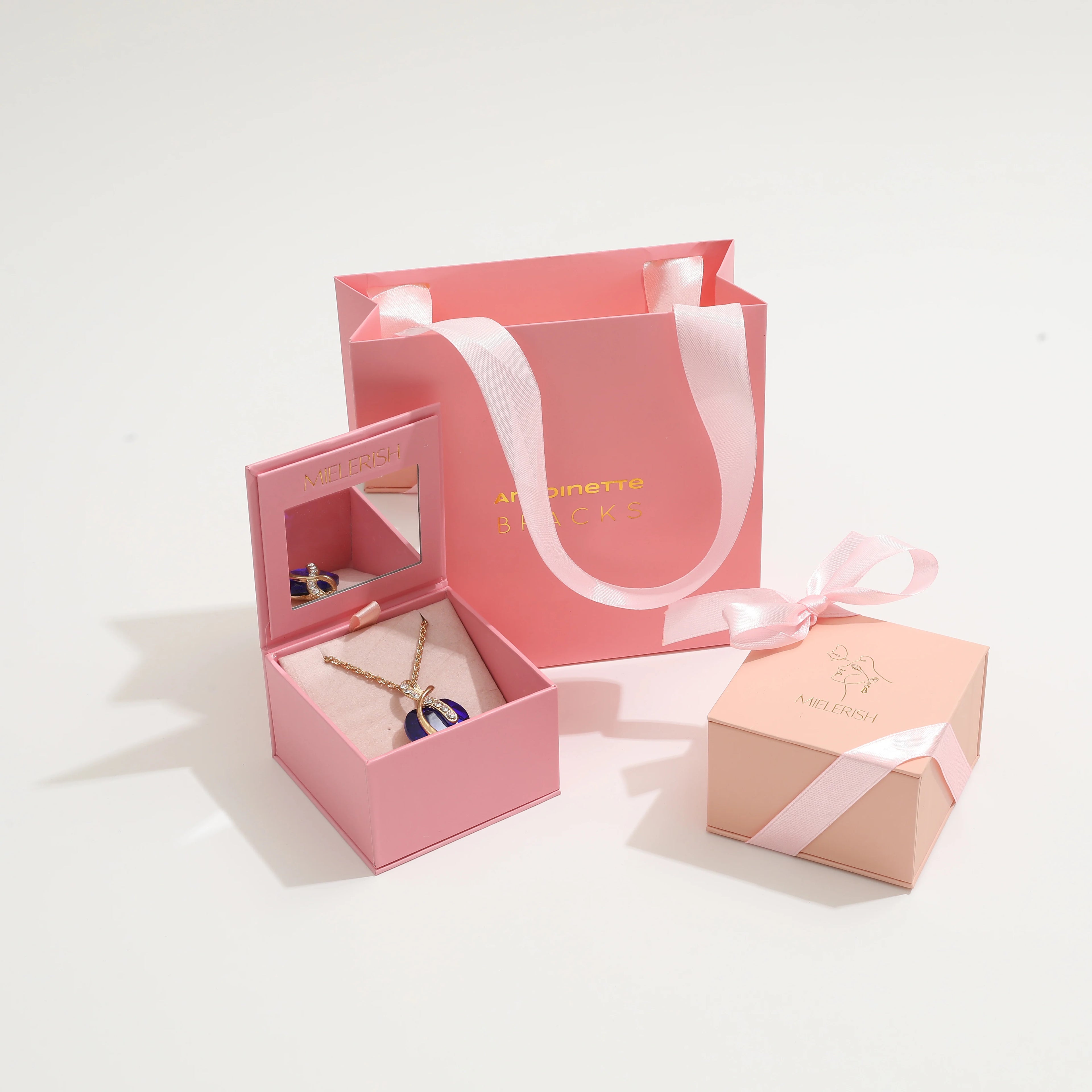 Custom Logo Magnetic Flip Jewelry Box Rectangle Organizer Chain Bracelet Earring Cardboard Paper Mirror for Jewelry Gifts