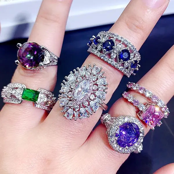 Diamond Colored Light Luxury Beautiful Crystal Zirconium Ring Micro-inlaid S925 Silver Gemstone Explosion Ring Wholesale