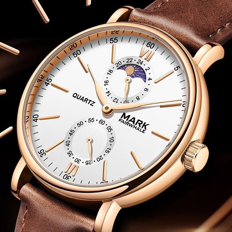 Mark Fairwhale High Grade Leather Watch Moon Phase Feature Business Classic Retro Quartz Watch