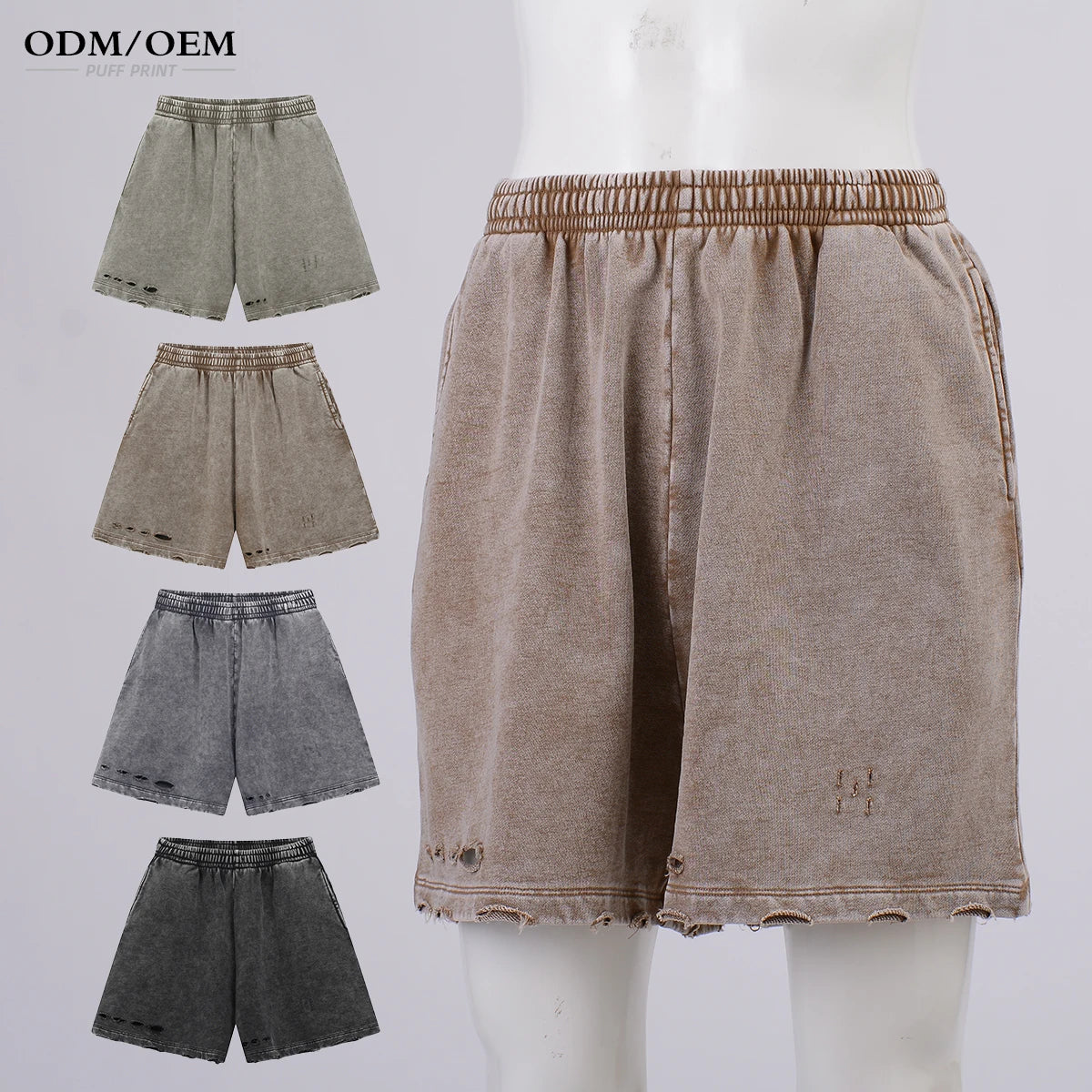 Custom Athletic Sweat Raw Edge Distressed Sun Dried Heavyweight French Terry Streetwear Washed Baggy Acid Wash Shorts for Men