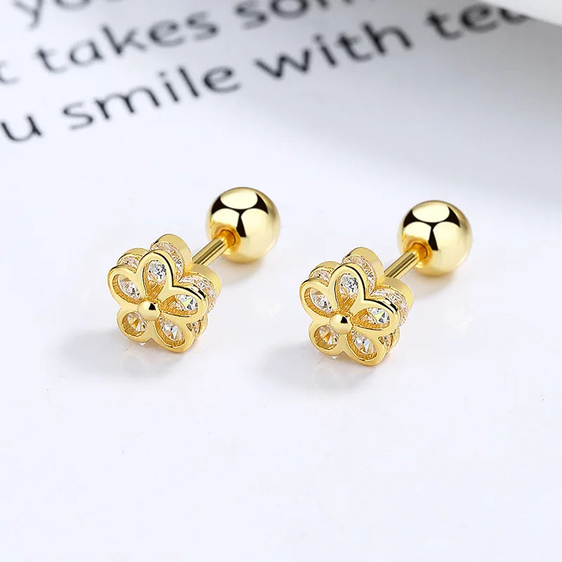 Fashion Jewelry 925 Sterling Silver Threaded Earring Flower Five Petals Zircon Gold Plated Stud Earrings for Women
