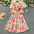 Spring Europe and the United States Advanced Lace With Deep V-neck Long-Sleeved Single-breasted Printed Dress