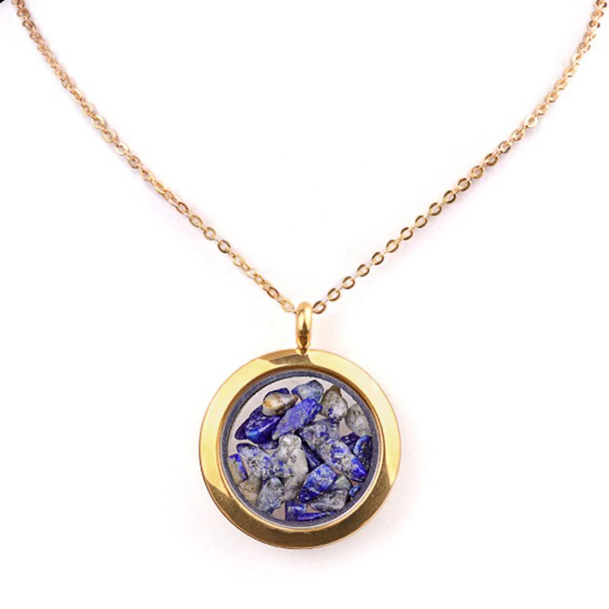 Fashion Lapis Lazuli 25mm Gold Round Stainless Steel Gawu Crushed Stone Box Pendant Necklace Jewelry Charm Customized Necklace