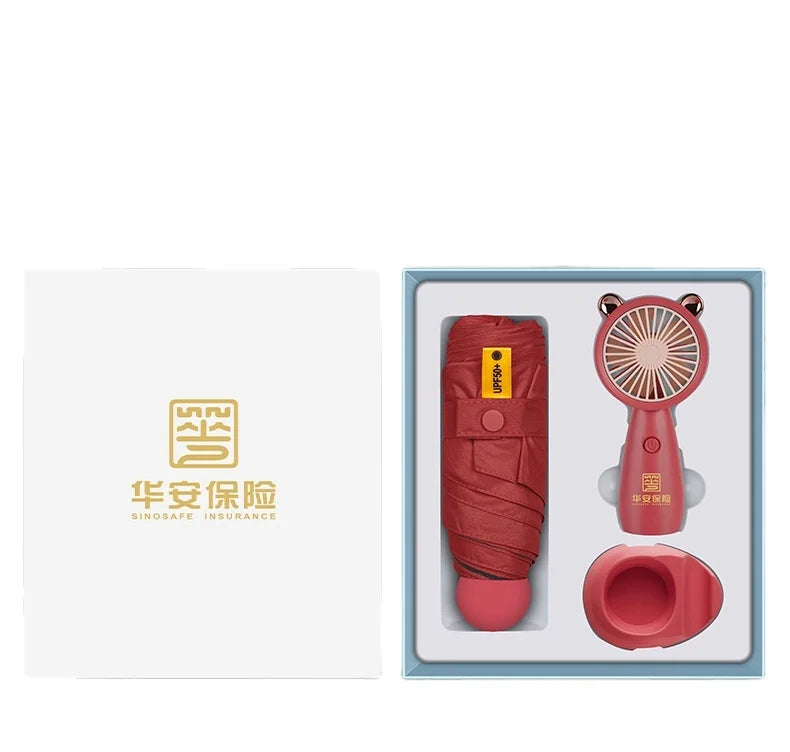 Customizable Corporate Summer Gift Set Foldable Umbrella Portable Mini Fan Glass Cup Gift Box Premium Christmas Promotional