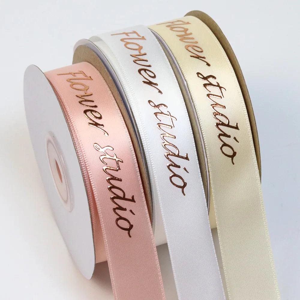 Customized logo Wholesale Embossed Gold Foil Printed Polyester 10mm Satin Gift Ribbon for Box Packaging