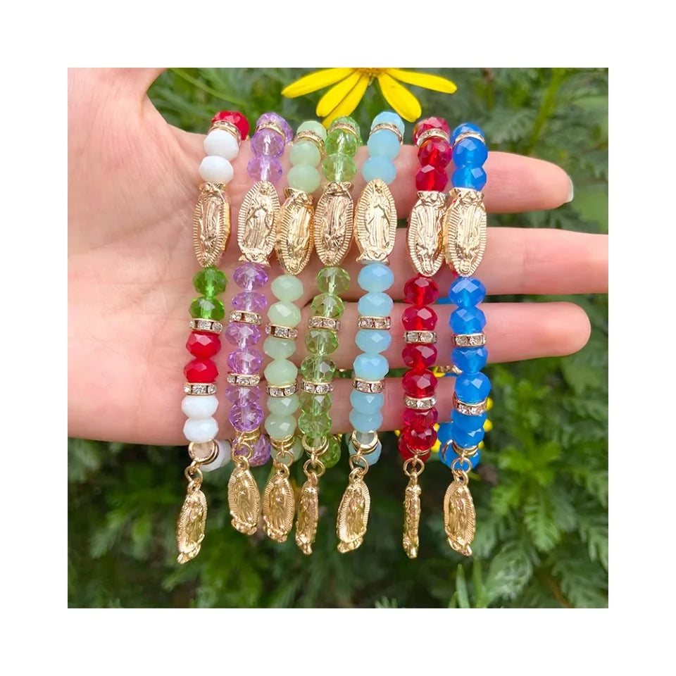 RisingMoon Crystal Beads Bracelets Handmade Adjustable Bracelet Pendant Gold Plated Virgin Mary Bracelet Catholicism Jewelry