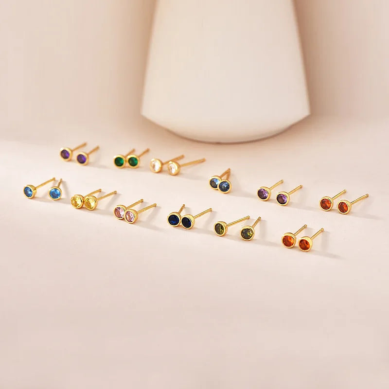 12 Zodiac Colorful 3mm Zircon Gold Plated Women Fine Jewelry 925 Sterling Silver Stud Earrings