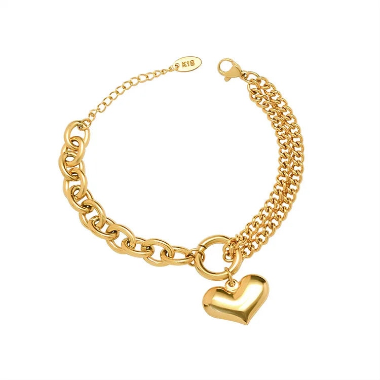 BS4041 Allure 18k  Gold Plated Stainless Steel Chunky Thick Link Chain Double Layer Chain Puffy Bulgy Heart Charm Women Bracelet