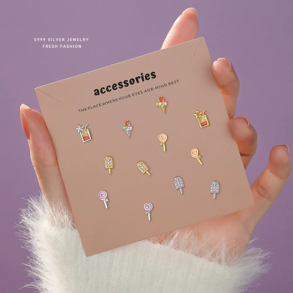 Mini Cute Girl's Stud Earrings S999 Sterling Silver Dainty Zircon Ice Cream Lollipop Stud Earrings