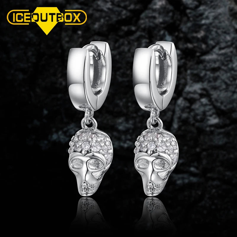 Trendy Hip Hop Jewelry Women Skull Earring Prong CZ White 18k Gold Plated Brass Skull Drop Hip Hop Earring for Men